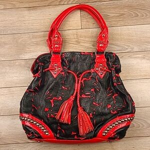 KIPPYS Coronado CA Black Red Patent Leather Floral Studded Womens Purse Bag RARE